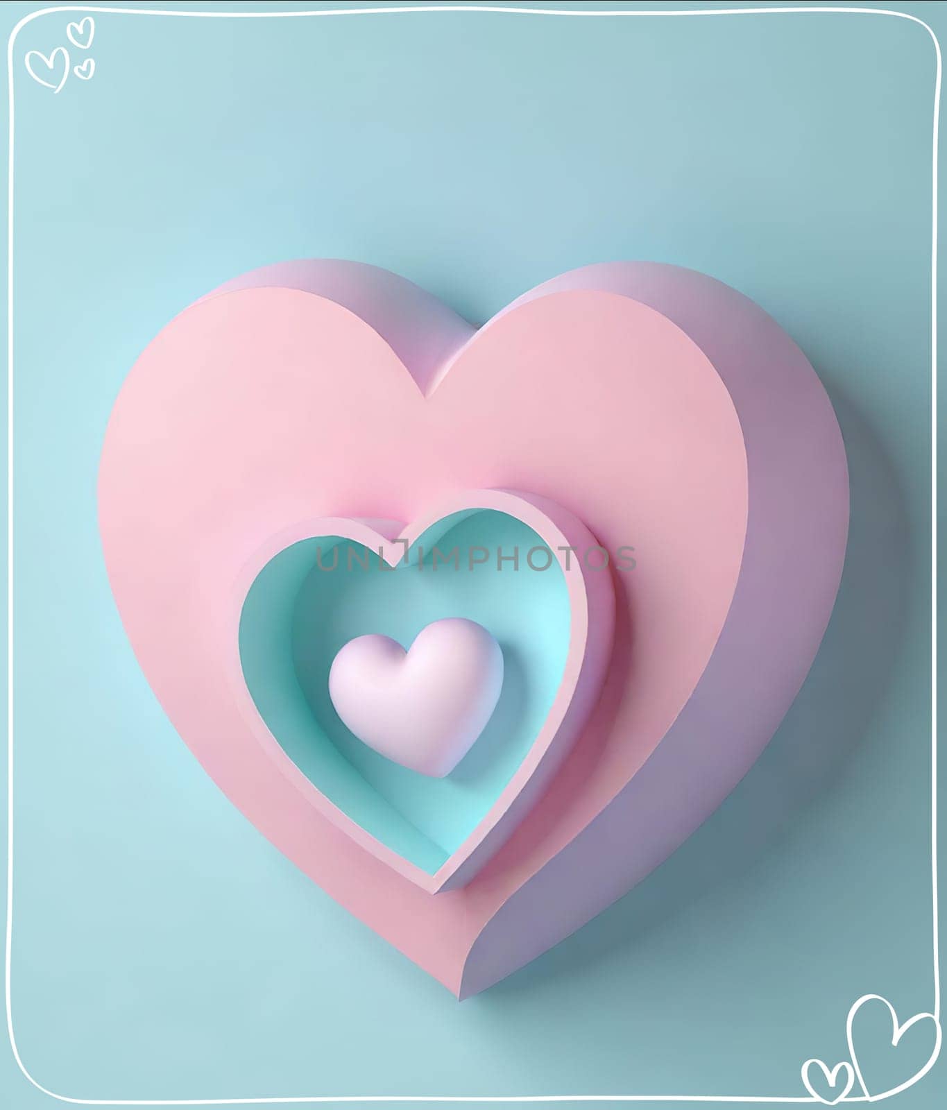 Valentine's Day background with hearts .Pastel colors.Valentine's day greeting card with heart.Minimal Valentine's Day concept. 3D rendering.Valentine's Day greeting card with hearts in pastel colors.Minimal love concept.Computer digital drawing.