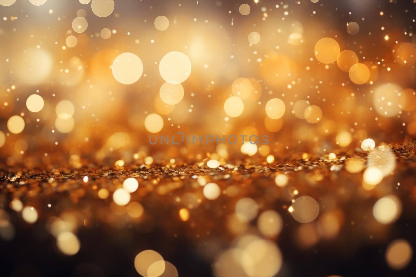 Glitter gold blurred bokeh lights background. Generative AI.