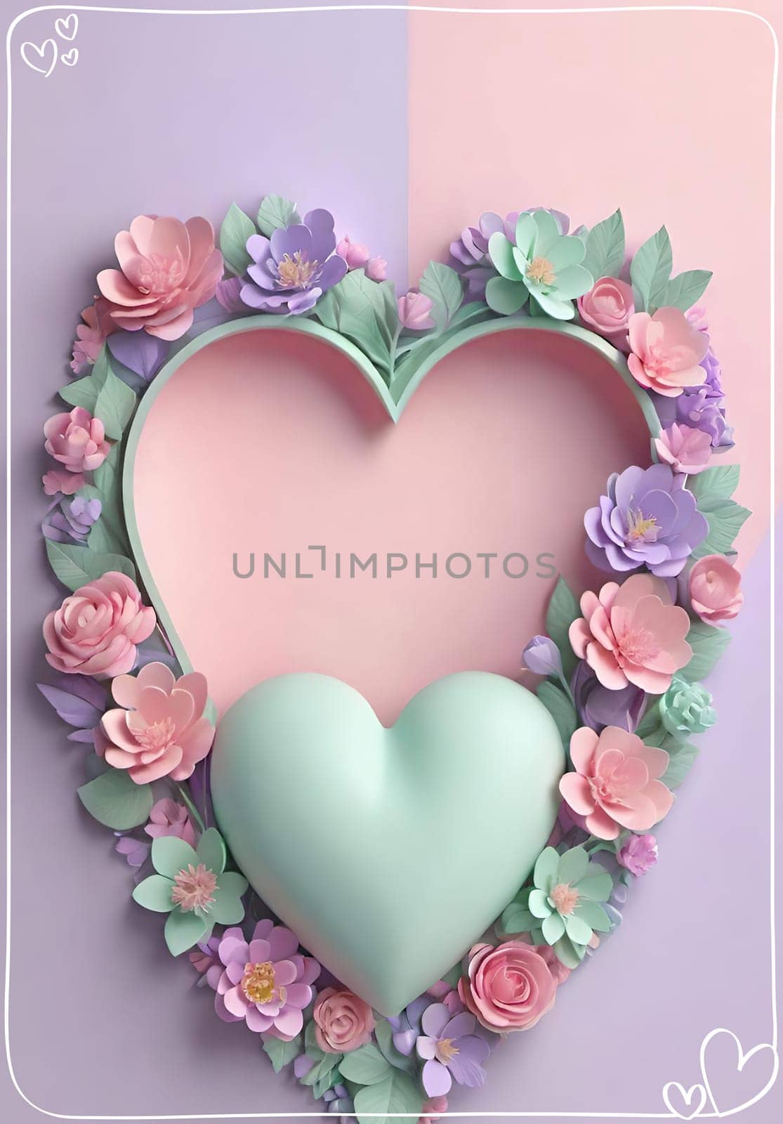 Valentine's Day background with hearts .Pastel colors.Valentine's day greeting card with heart.Minimal Valentine's Day concept. 3D rendering.Valentine's Day greeting card with hearts in pastel colors.Minimal love concept.Computer digital drawing.