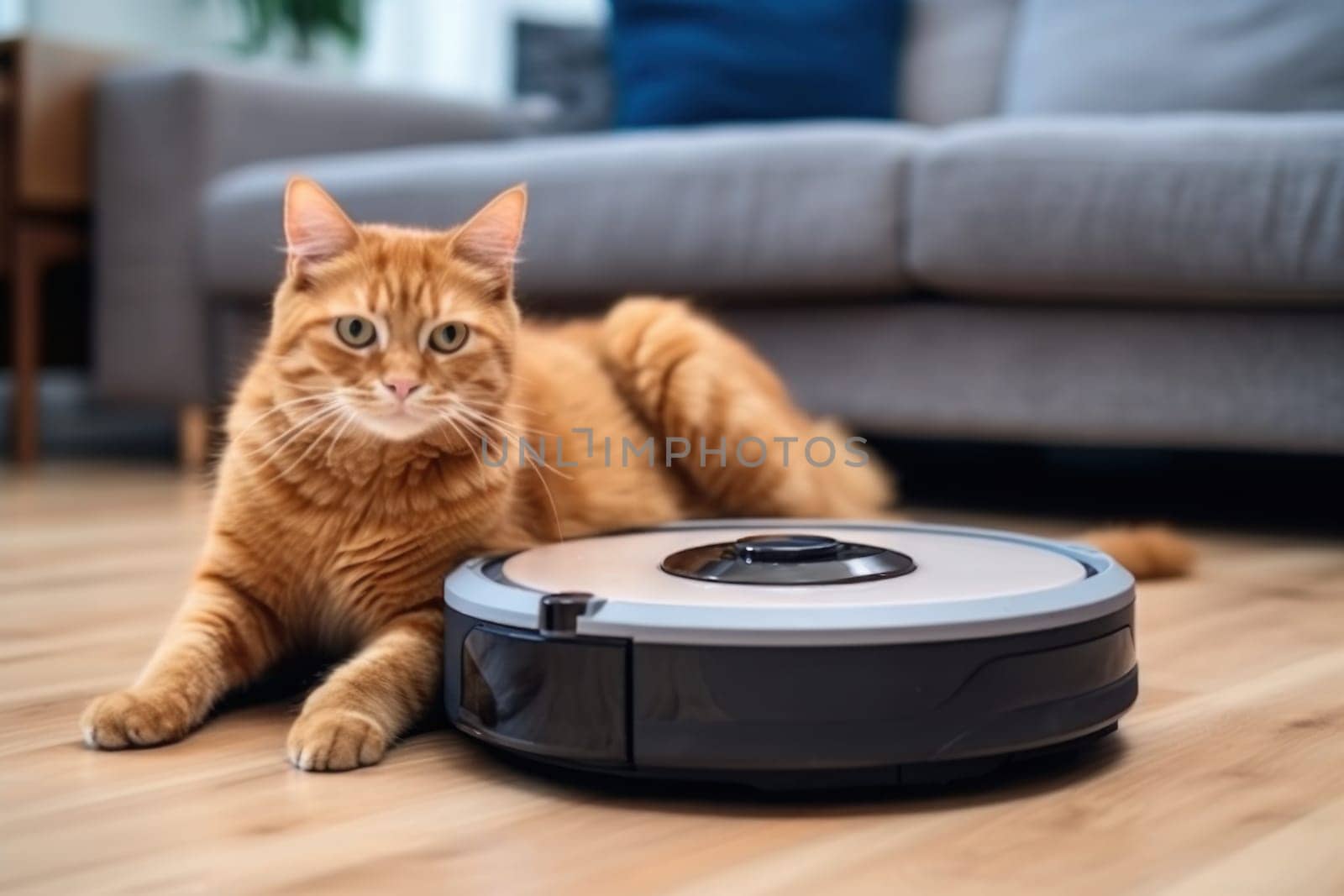 Cat sits on top of a robot vacuum cleaner, cleaning up scraps on the living room floor. Generative AI.