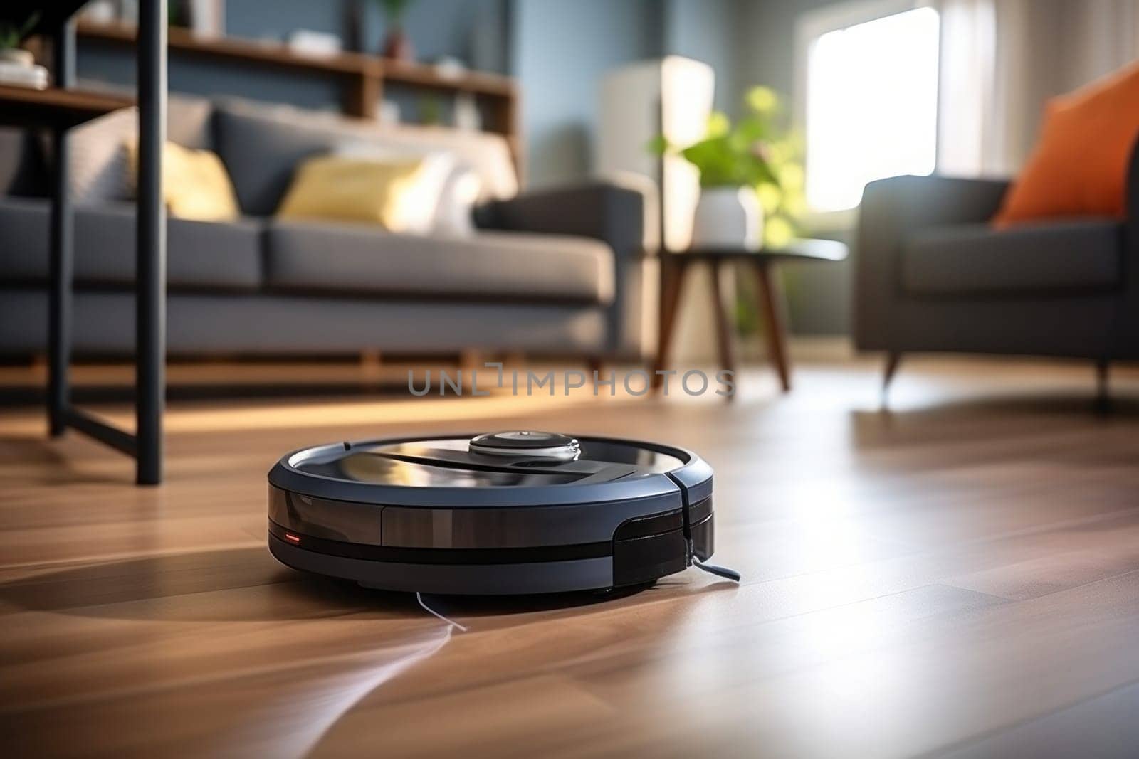 A robot vacuum cleaner is cleaning the living room floor. Generative AI by golfmerrymaker