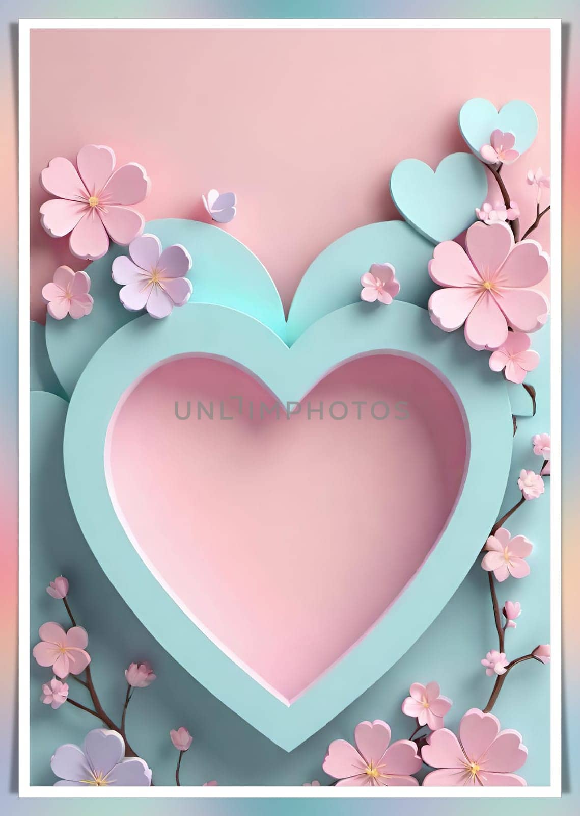 Valentine's Day background with hearts .Pastel colors.Valentine's day greeting card with heart.Minimal Valentine's Day concept. 3D rendering.Valentine's Day greeting card with hearts in pastel colors.Minimal love concept.Computer digital drawing.