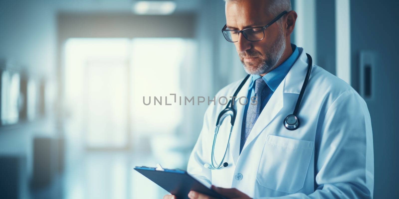 Male doctor in uniform making notes on clipboard with copy space. Generative AI.