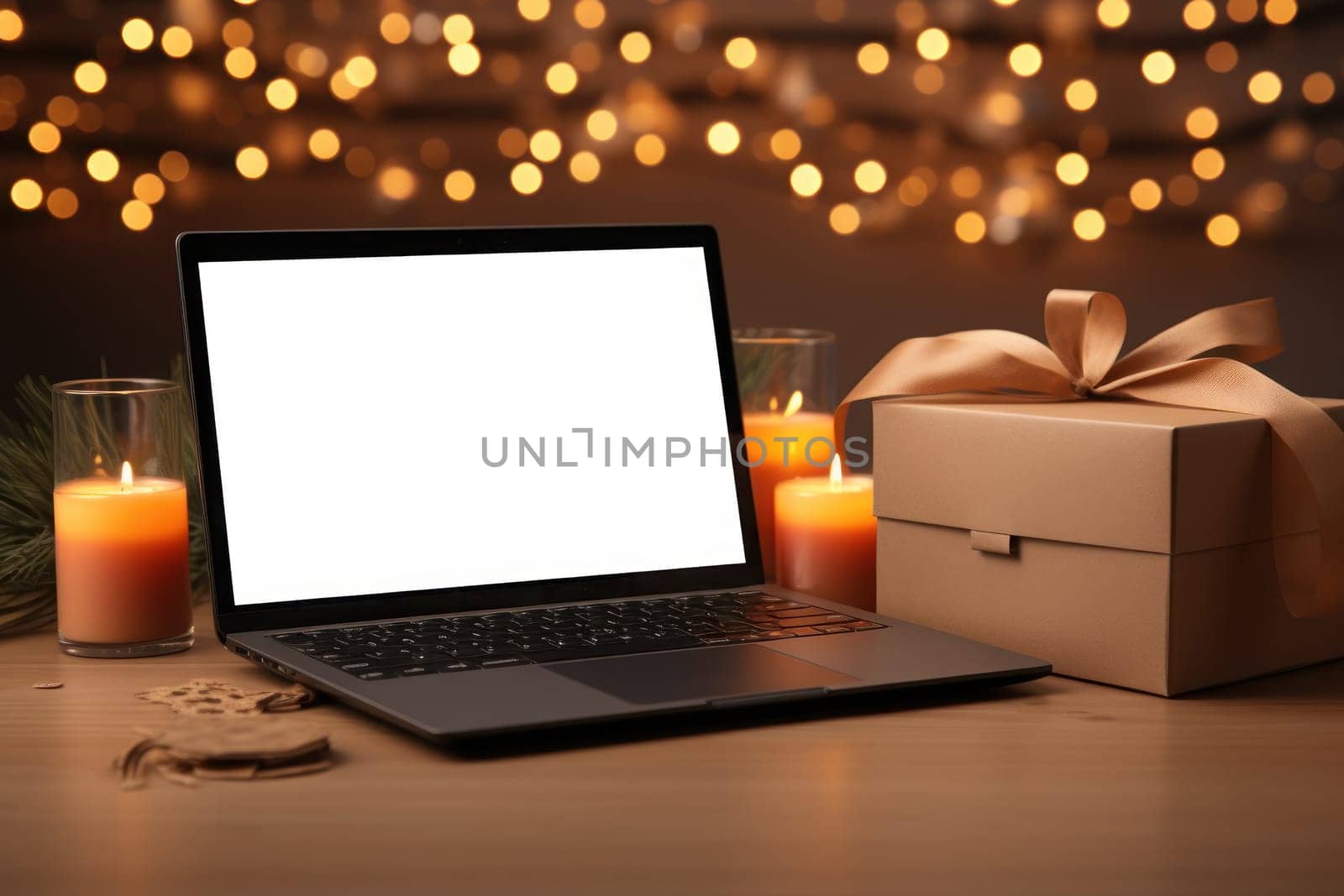 A laptop mockup is placed among gift boxes paper bags diyas. Generative AI by golfmerrymaker