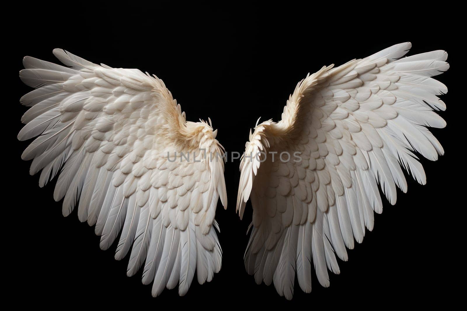 Large beautiful white ethereal angel wings against a black background. Generative AI.