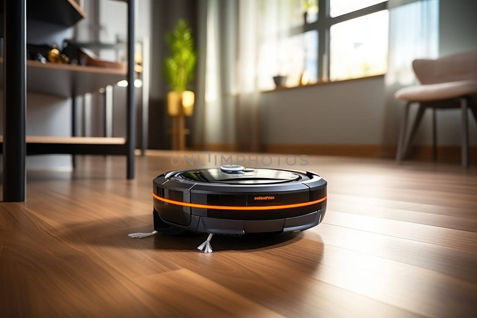 A robot vacuum cleaner is cleaning the living room floor. Generative AI.