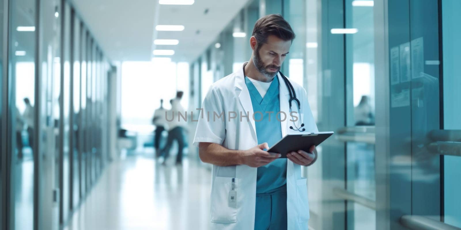 Male doctor in uniform making notes on clipboard with copy space. Generative AI.