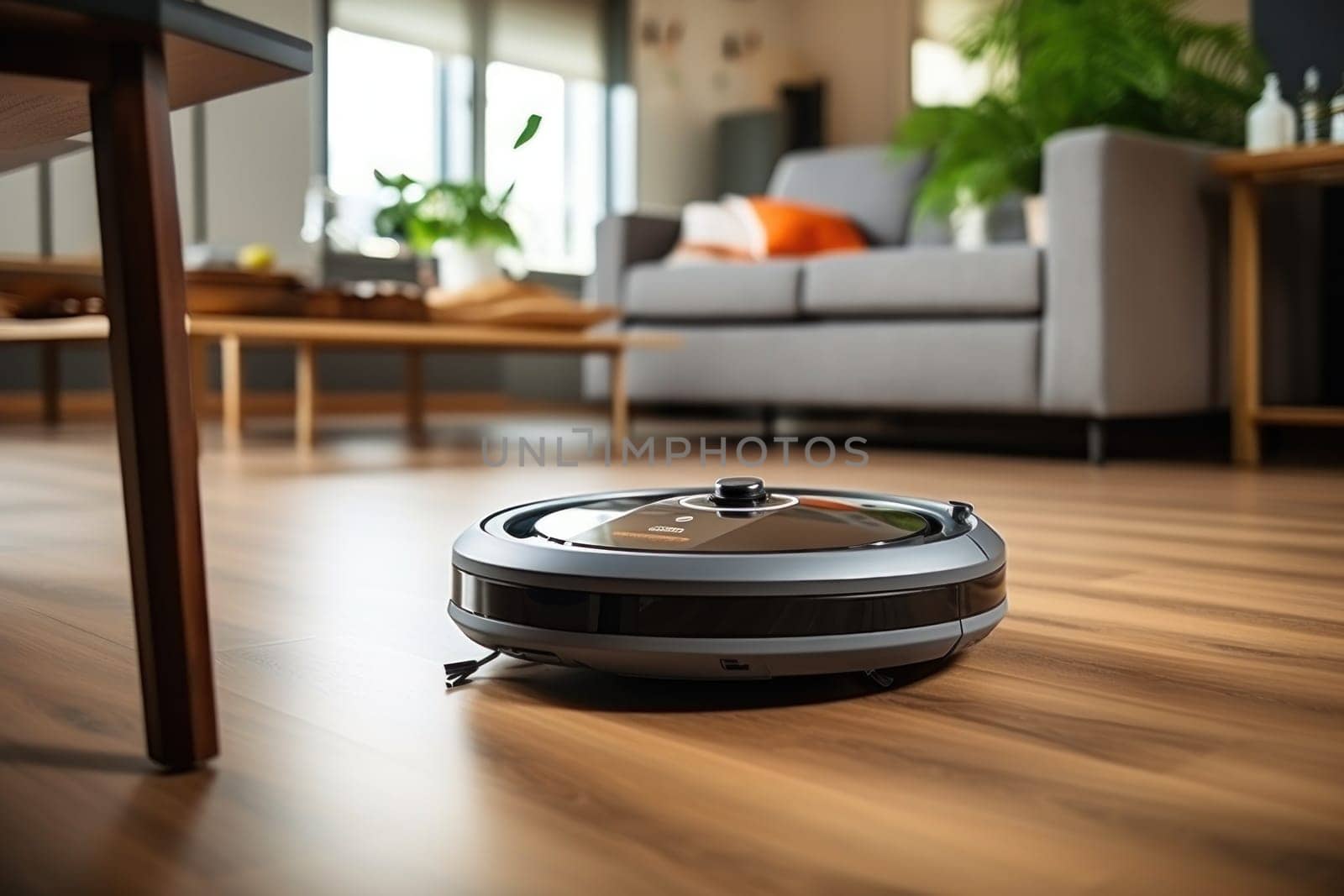 A robot vacuum cleaner is cleaning the living room floor. Generative AI.
