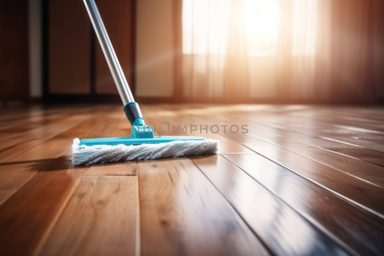 Floor cleaning with mob and cleanser foam. Cleaning tools on parquet floor. Generative AI.
