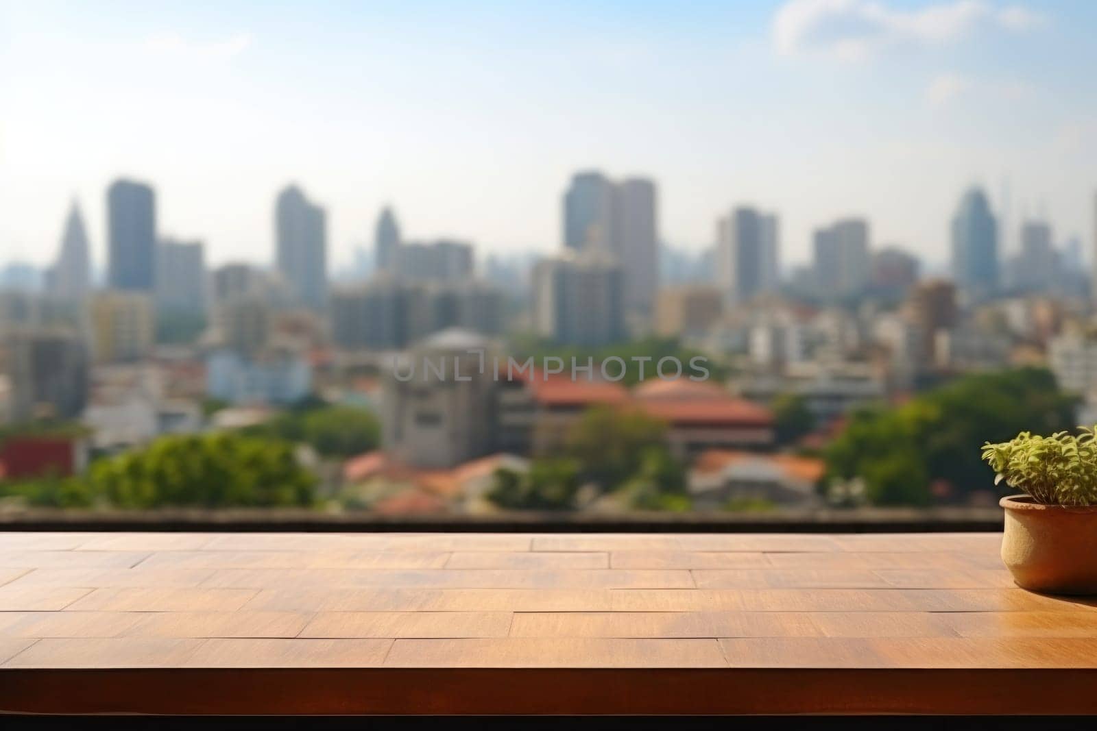 Empty top table no objects on the table blurred bangkok in the background. Generative AI.
