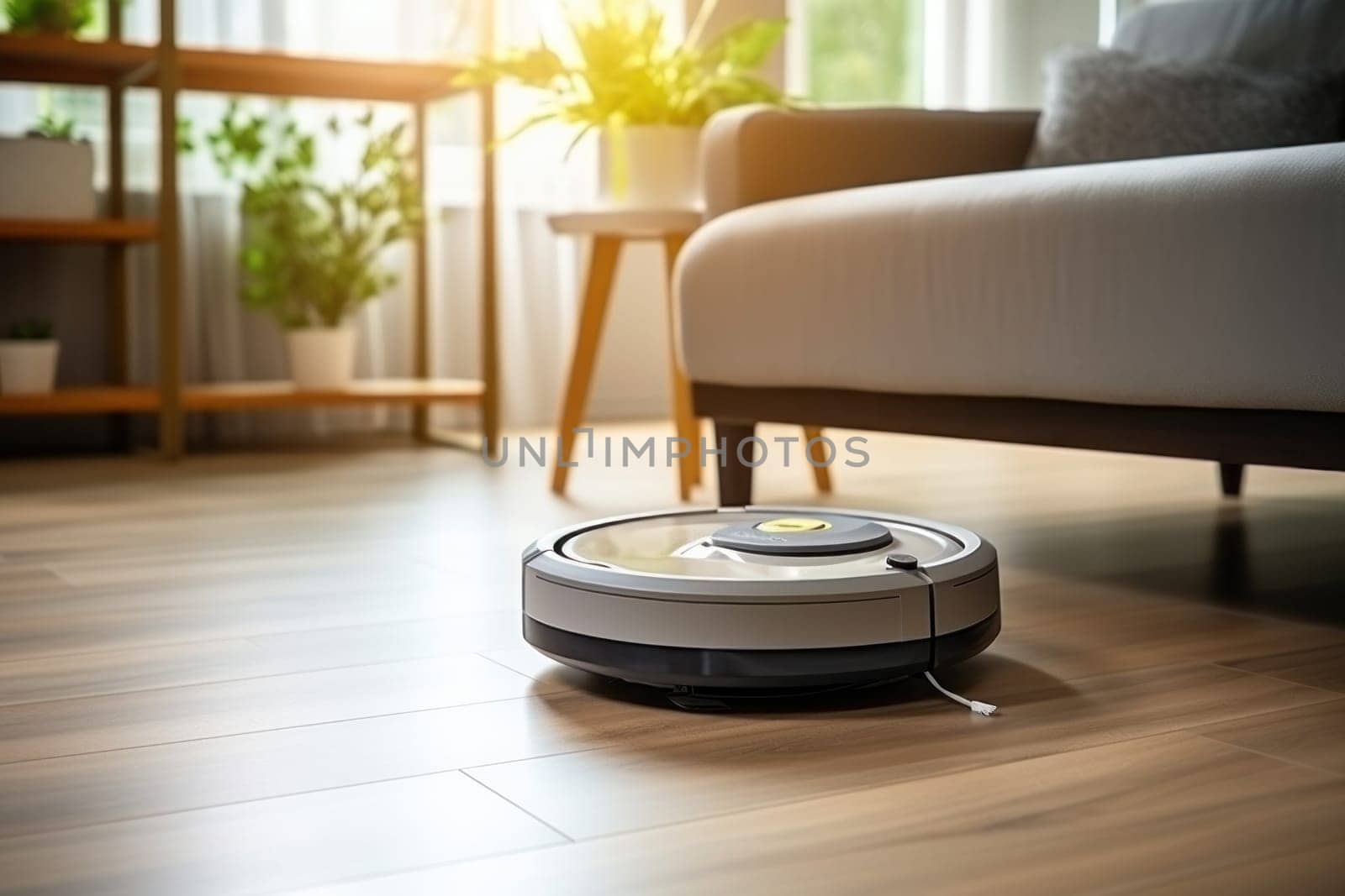 A robot vacuum cleaner is cleaning the living room floor. Generative AI.