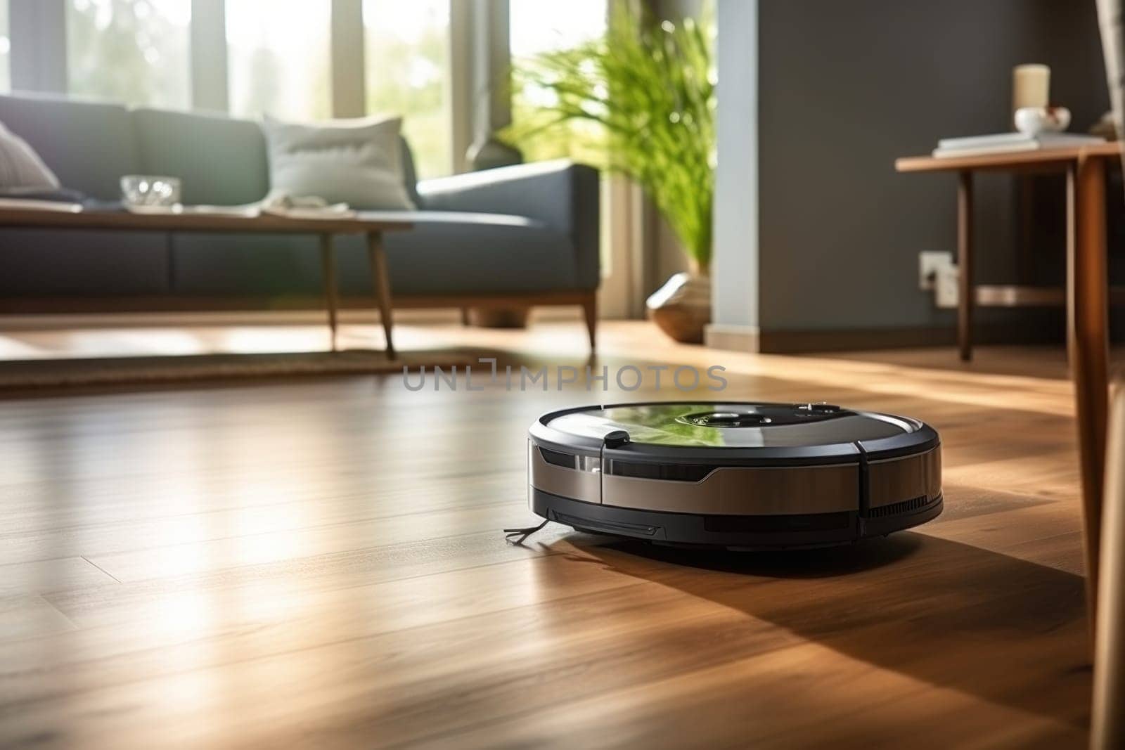 A robot vacuum cleaner is cleaning the living room floor. Generative AI by golfmerrymaker