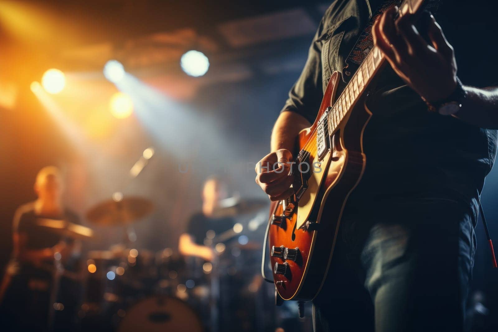 Music band group perform on a concert stage.Guitarist on stage for background. Generative AI.