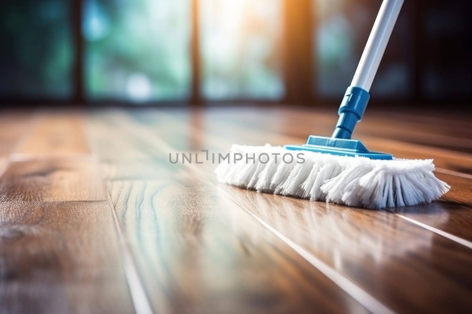 Floor cleaning with mob and cleanser foam. Cleaning tools on parquet floor. Generative AI.
