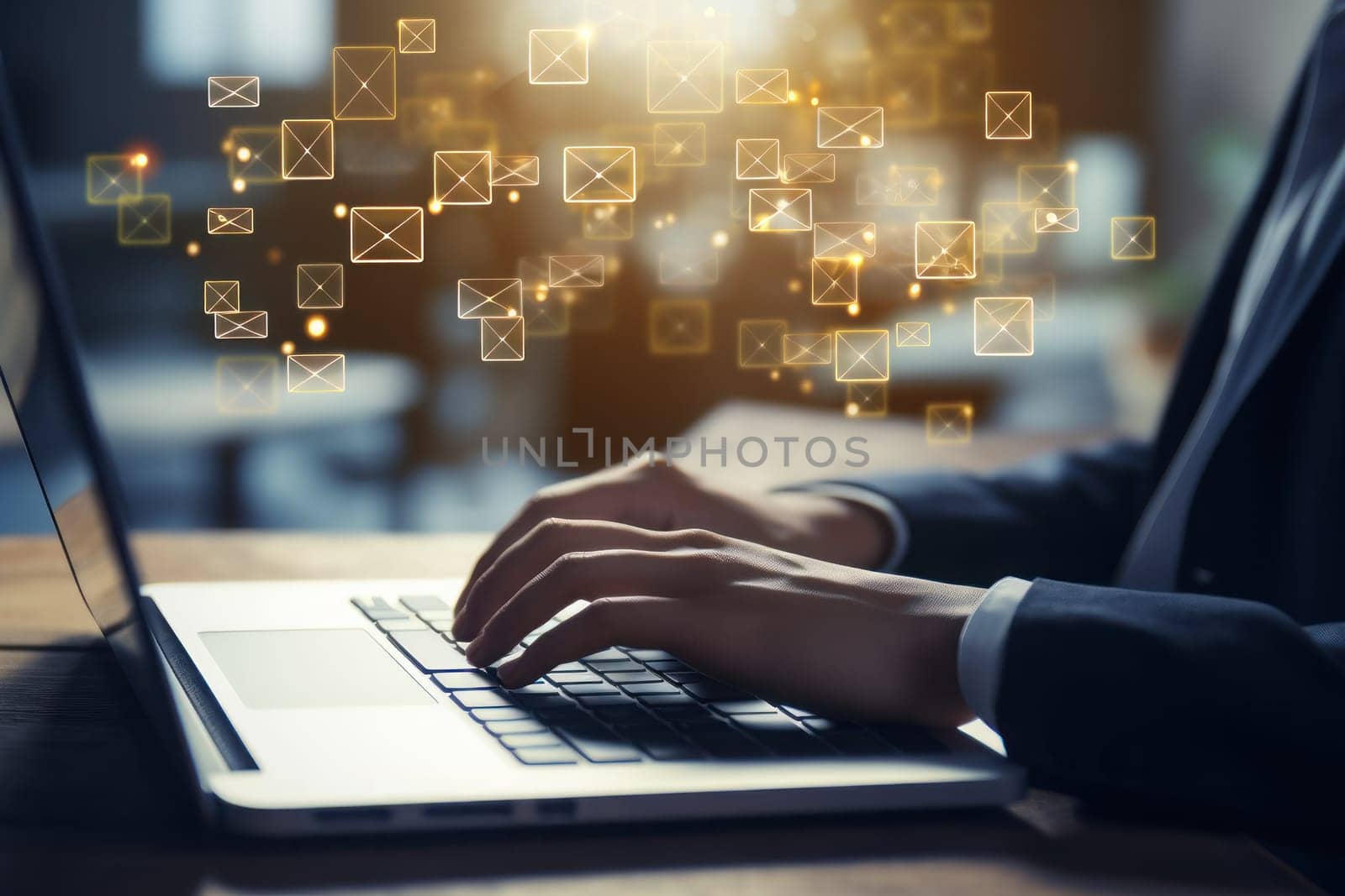 Freelancer's hand using computer laptop and sending online message with email icon. Generative AI.