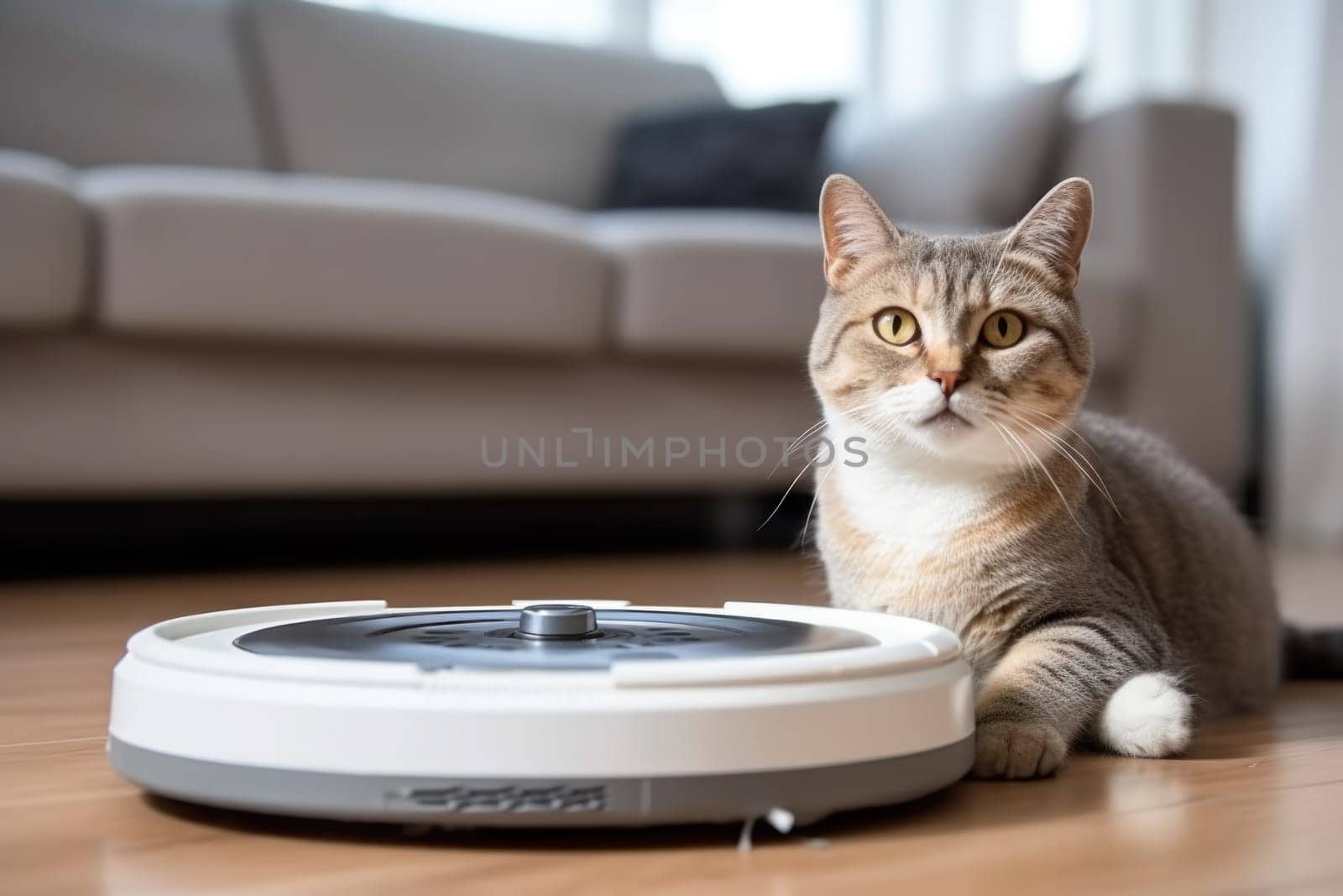 Cat sits on top of a robot vacuum cleaner, cleaning up scraps on the living room floor. Generative AI.