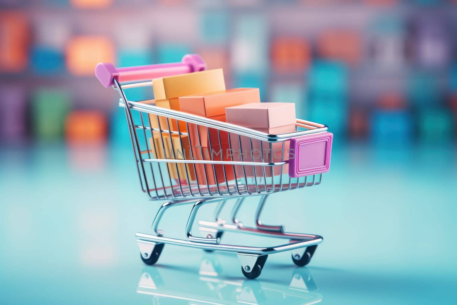 Shopping cart with box inside, bright light colors, colorful background, HD. Generative AI.