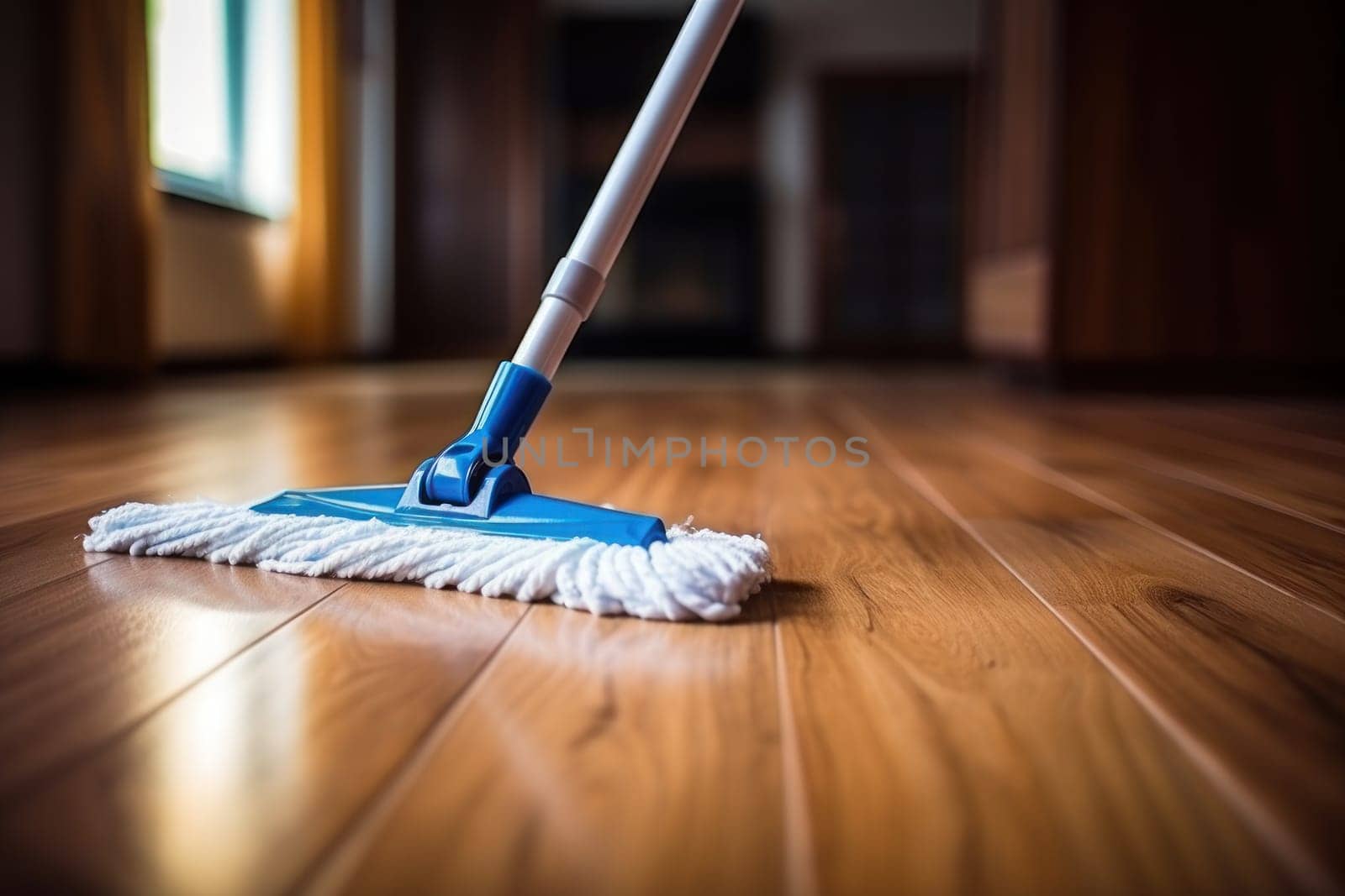 Floor cleaning with mob and cleanser foam. Cleaning tools on parquet floor. Generative AI.