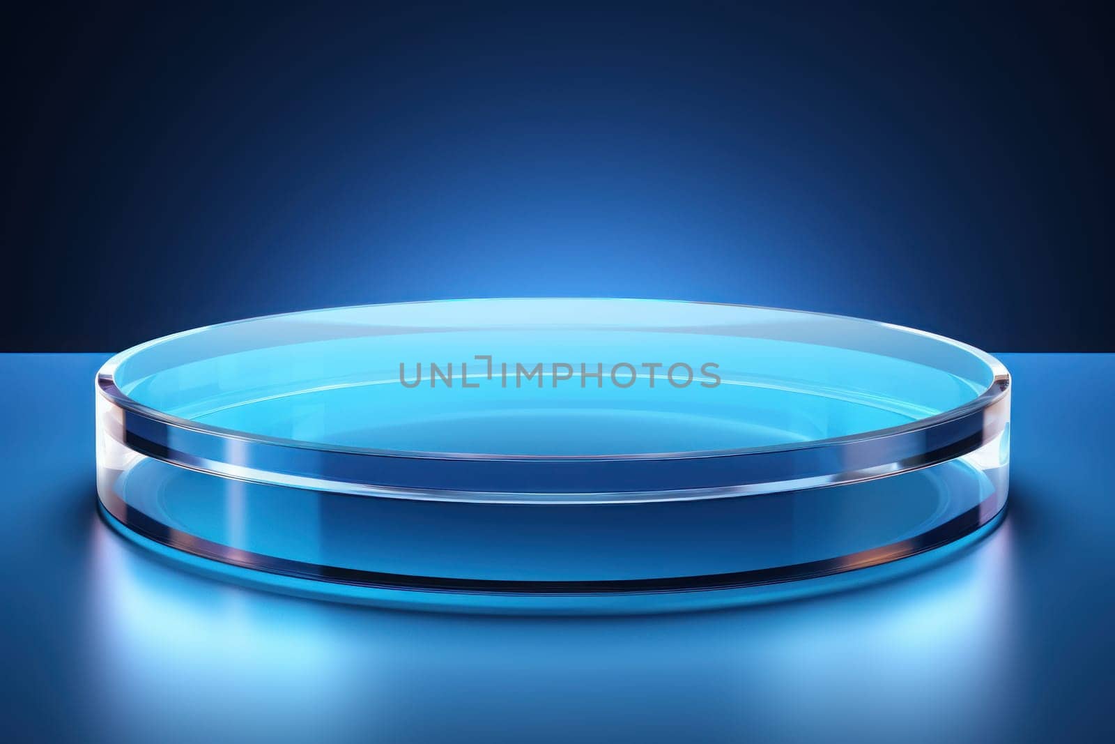 Product display podium in blue room, minimal cosmetic scene with platform. Generative AI.
