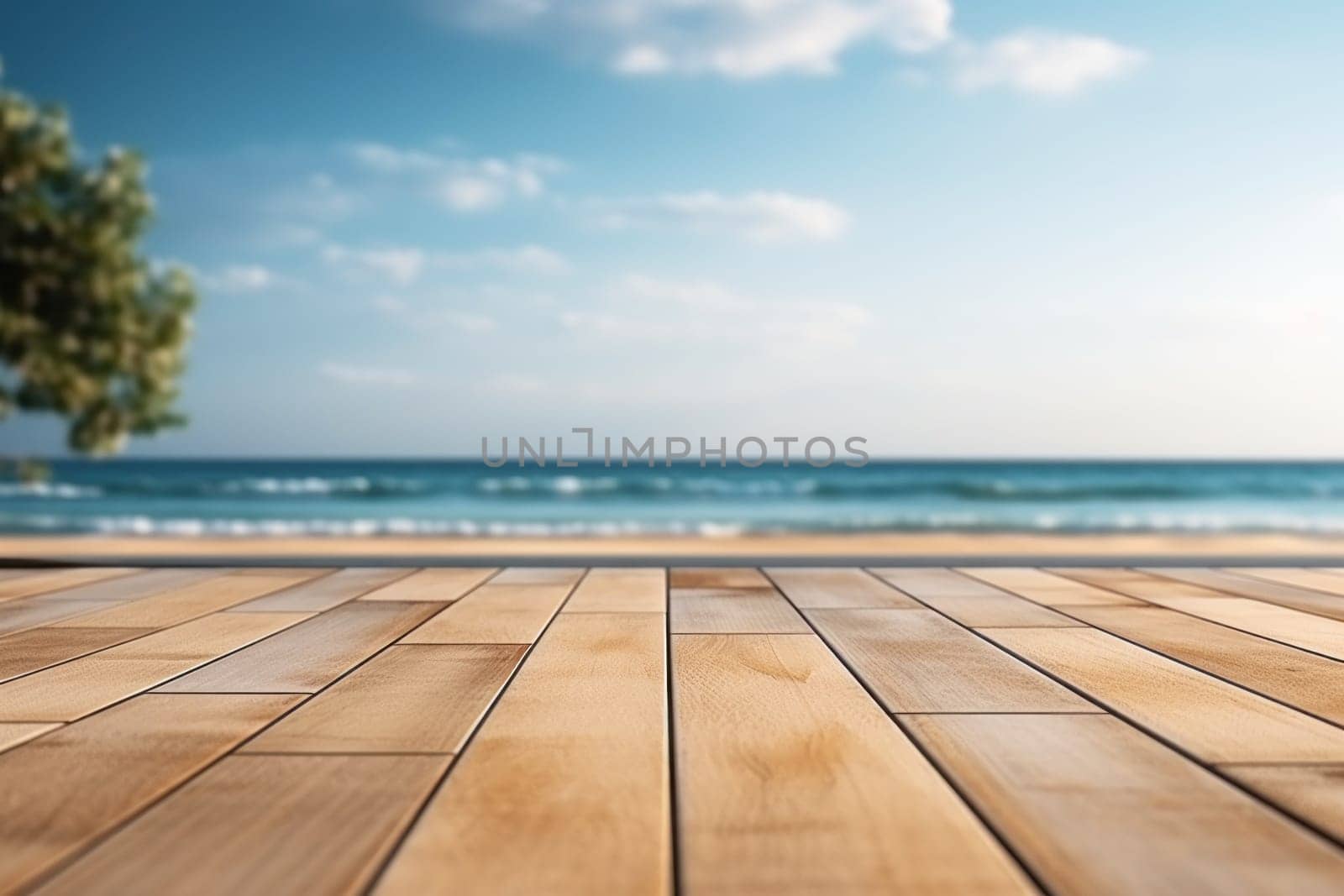 Wooden deck floor on the background of the sea and blue sky background. Generative AI.