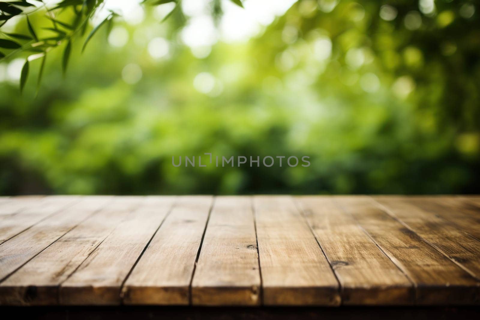 Empty table surface no objects on the table, blurred bamboo forest in the background. Generative AI.