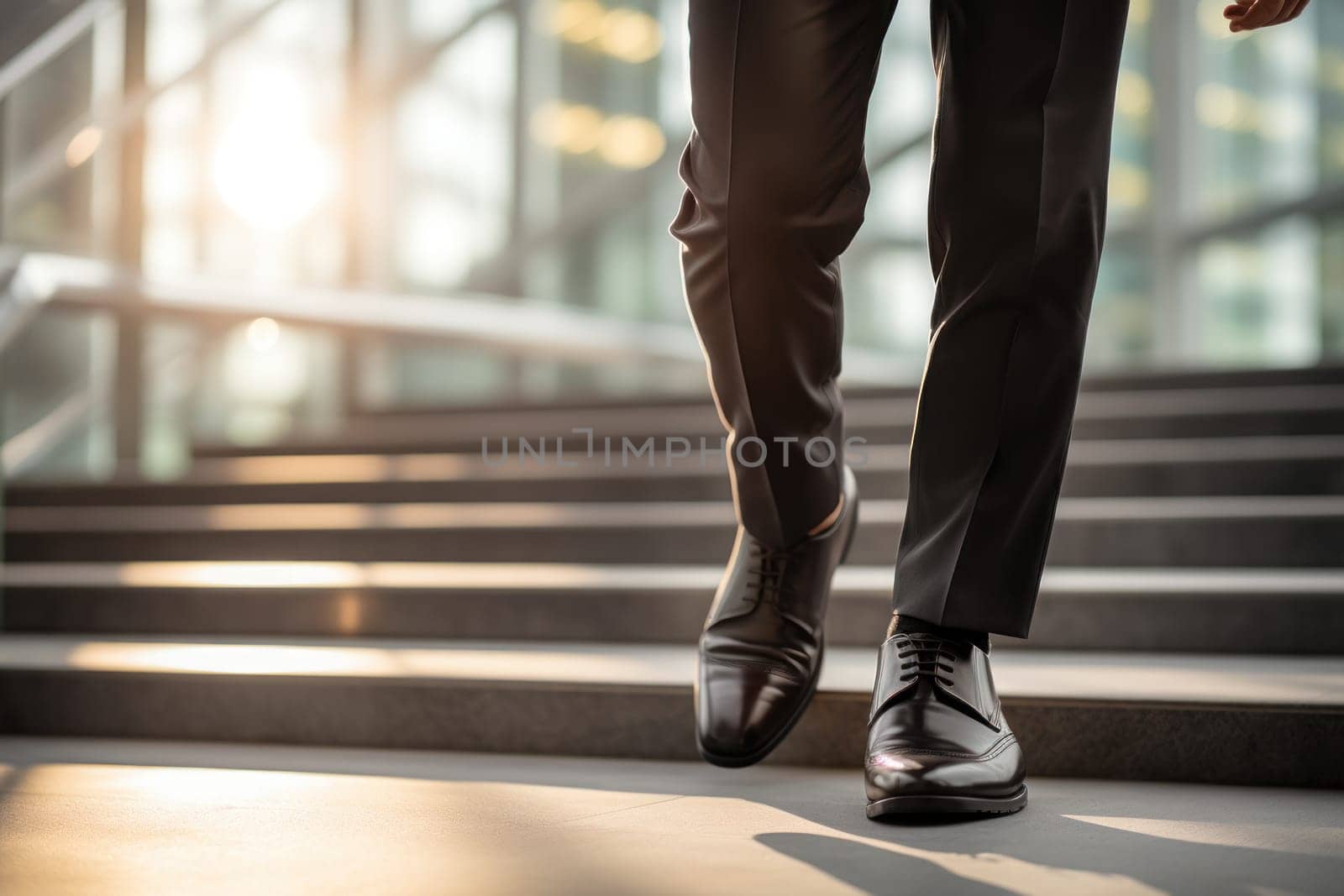 Close up shoes of businessman walking up on stairs into a glass office building. Generative AI.