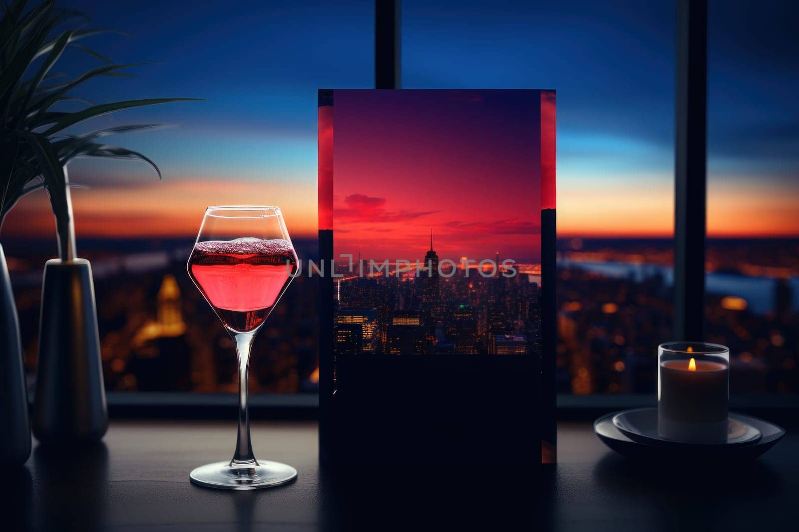 Promotional flyer for a rooftop bar with panoramic views. Generative AI.