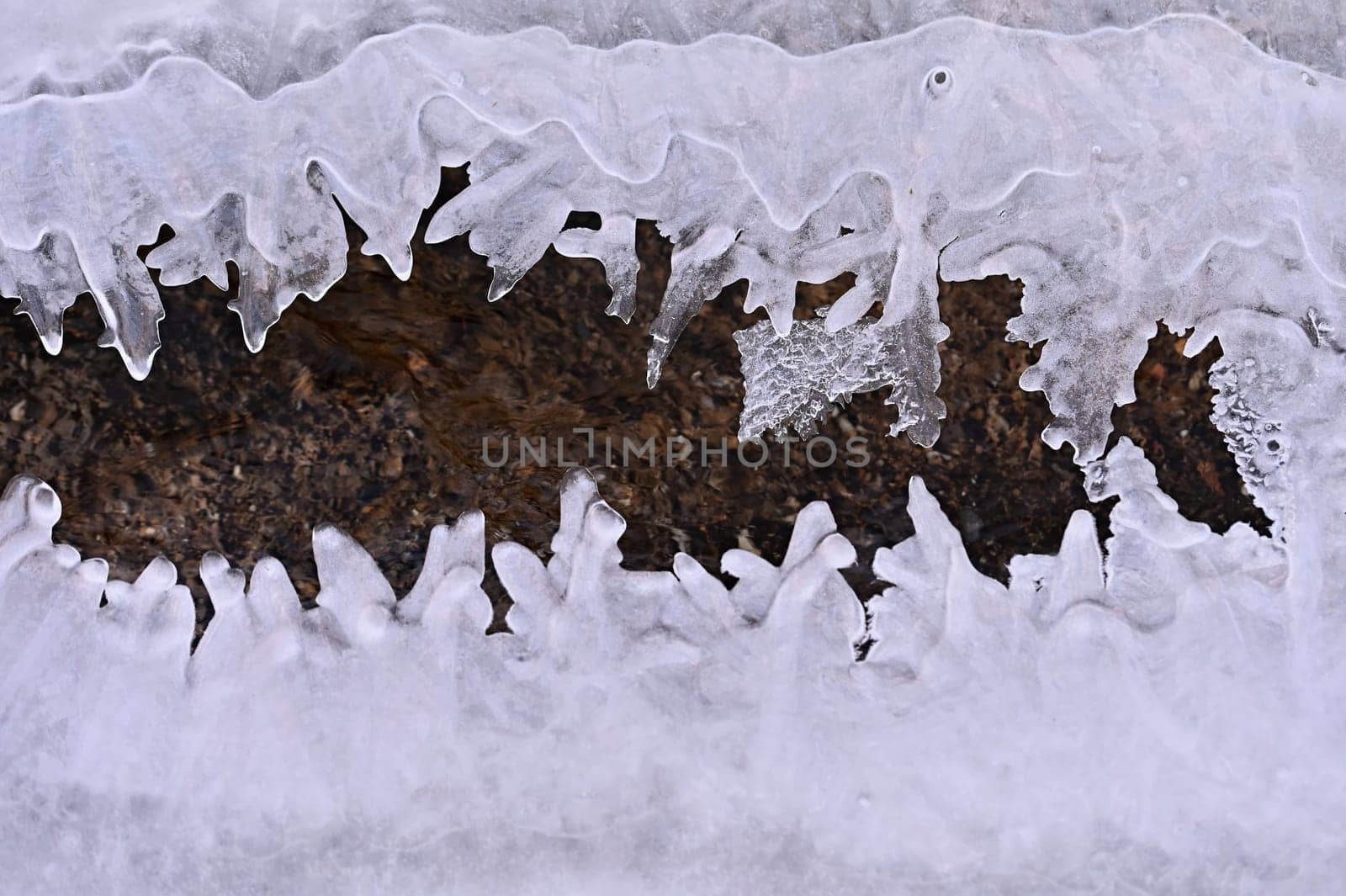 Frozen pool of water in winter. Ice nature - macro shot of frozen water.