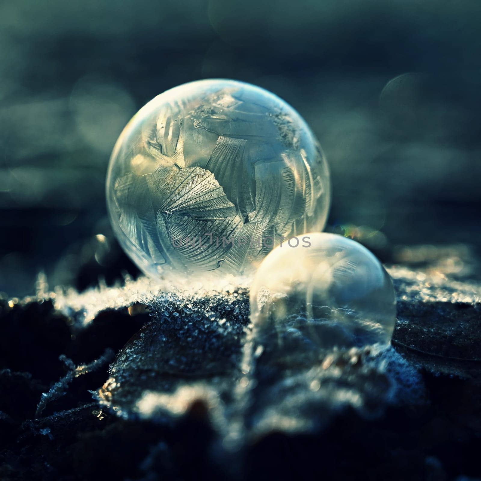 Frozen bubble in nature. A beautiful macro shot of nature in winter. Concept for environment, water and frost. by Montypeter