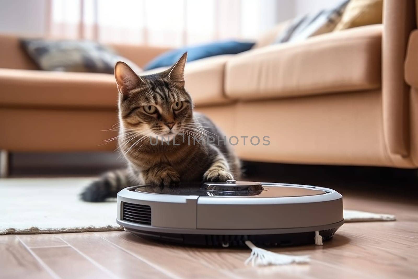 Cat sits on top of a robot vacuum cleaner, cleaning up scraps on the living room floor. Generative AI.