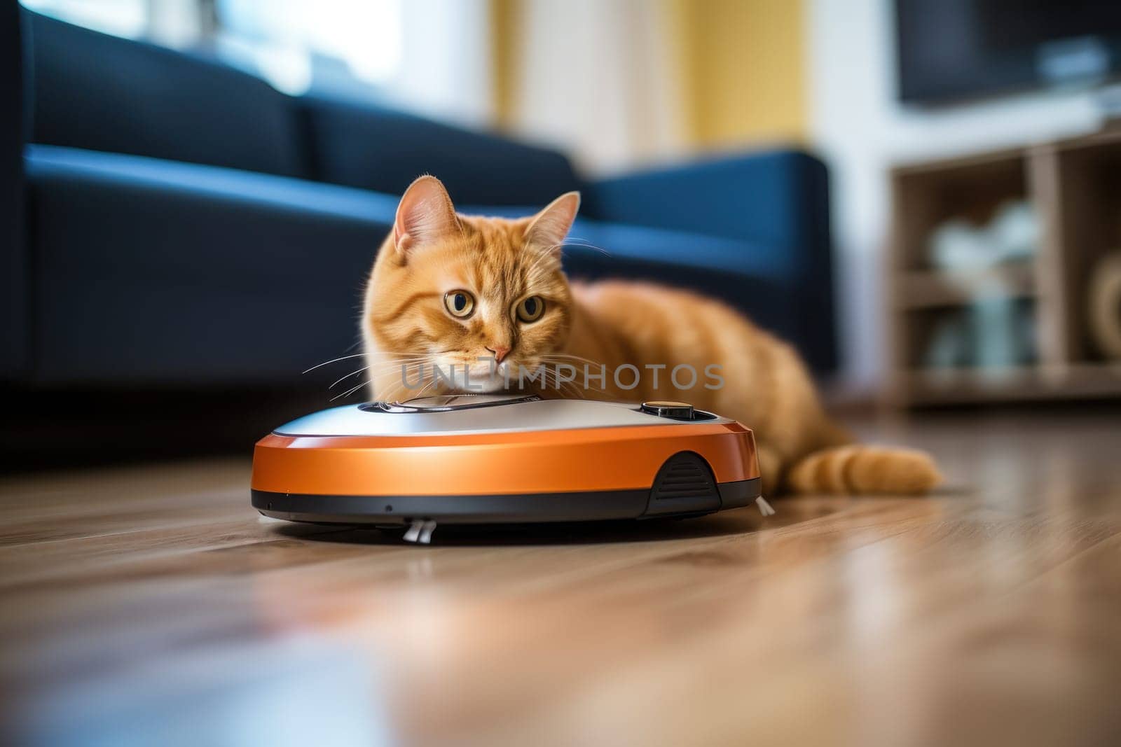 Cat sits on top of a robot vacuum cleaner, cleaning up scraps on the living room floor. Generative AI by golfmerrymaker