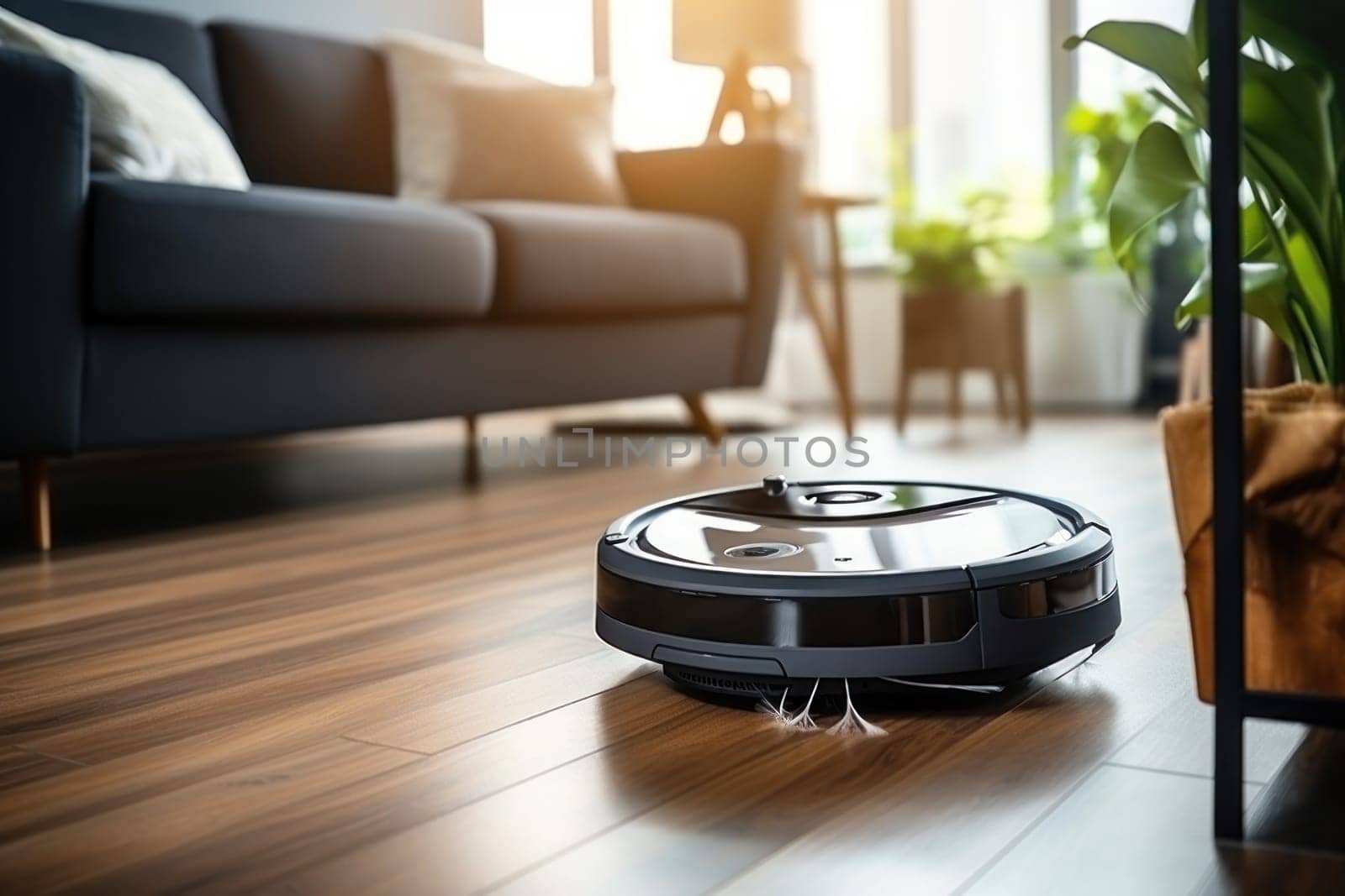 A robot vacuum cleaner is cleaning the living room floor. Generative AI by golfmerrymaker