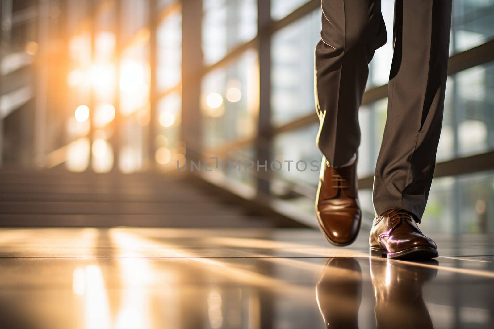 Close up shoes of businessman walking up on stairs into a glass office building. Generative AI.