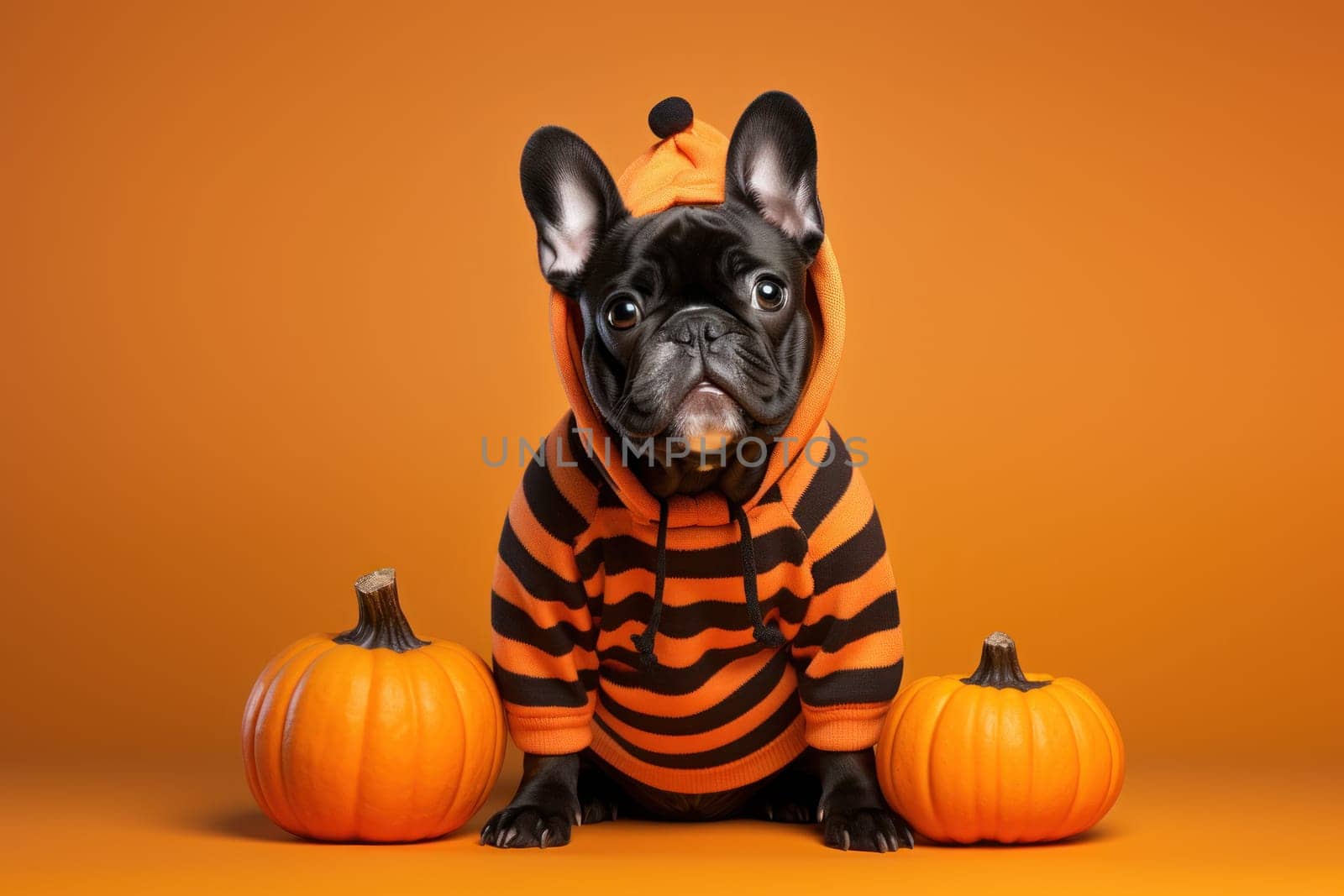 French bulldog on pumpkin costume, solid background, Halloween. Generative AI.
