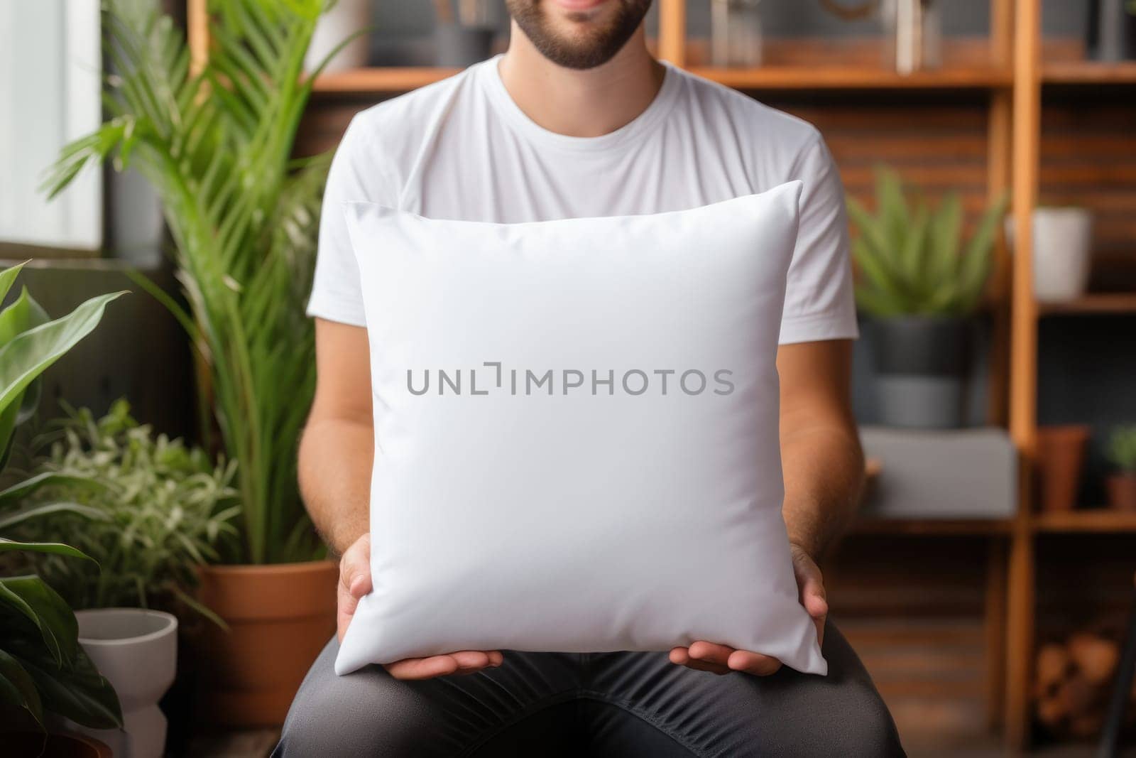 Cool guy holding white blank square polyester pillow mockup. Generative AI.