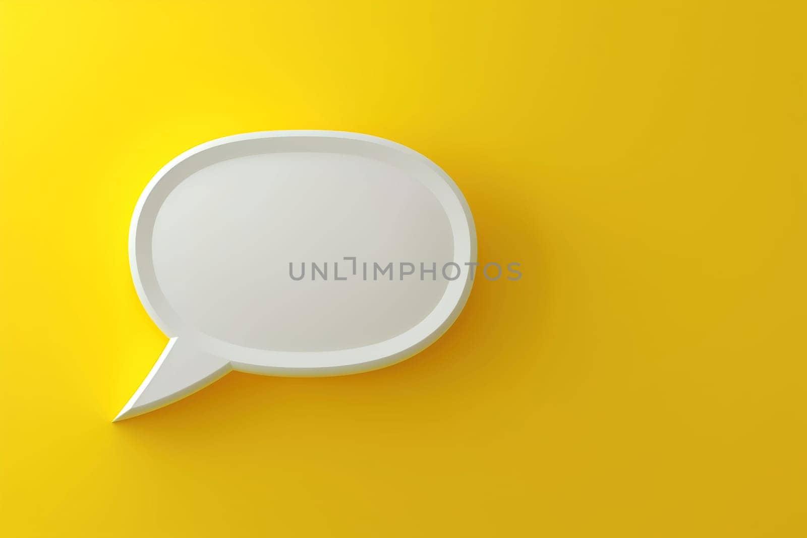 A bold white empty 3D speech bubble on a vivid yellow backdrop, ideal for vibrant advertisements, engaging social media content, and dynamic graphic designs. Copy space for text. Generative AI