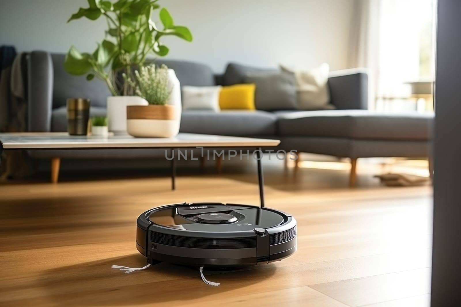 A robot vacuum cleaner is cleaning the living room floor. Generative AI by golfmerrymaker