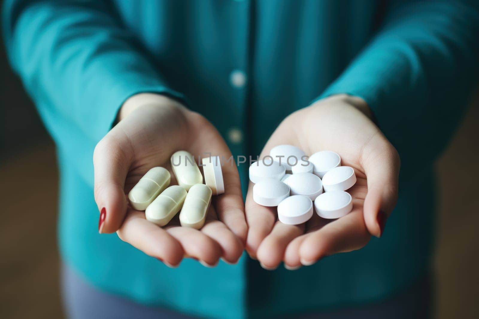 Hands holding white pills dark beige and aquamarine. Generative AI.