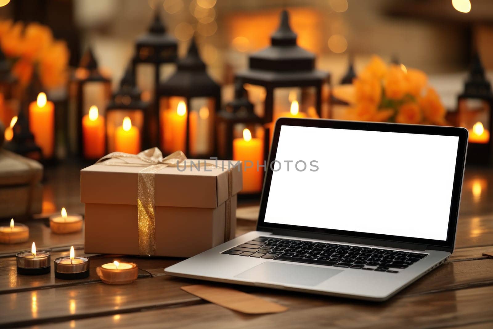 A laptop mockup is placed among gift boxes paper bags diyas. Generative AI by golfmerrymaker
