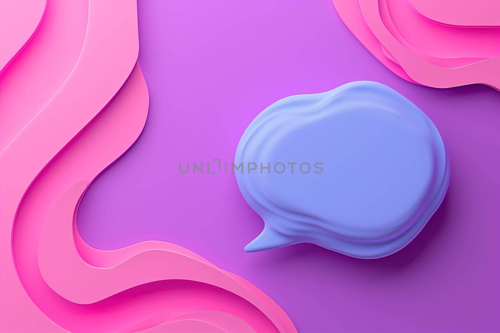 A whimsical 3D speech bubble in a serene blue hue contrasts against a dynamic, flowing pink and violet background, ideal for creative messaging and design. Copy space for text. Generative AI. by creativebird