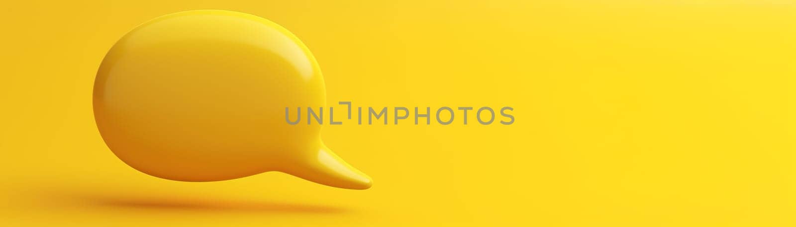Bold 3D speech bubble casting a soft shadow, floating on a vibrant yellow backdrop, perfect for dynamic communication and marketing visuals. Copy space for text. Panoramic banner. Generative AI