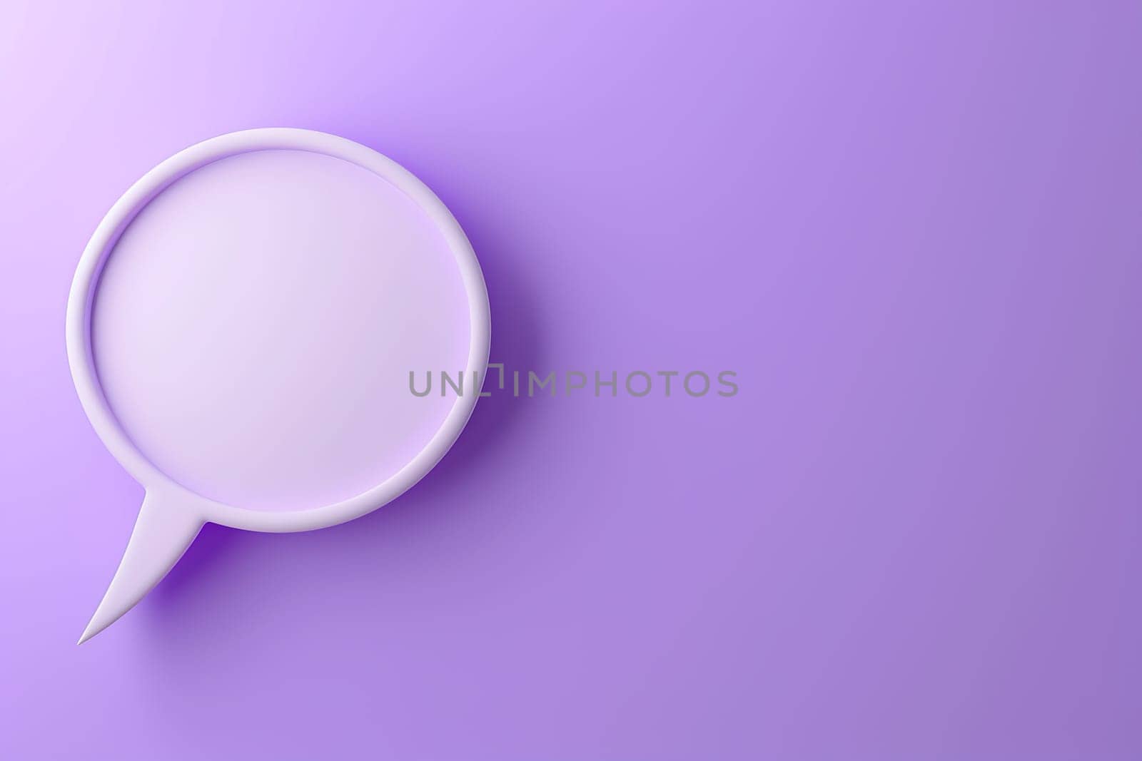 A 3D speech bubble on a violet background provides a vibrant, modern template for communication-themed graphics, ads, and social media content. Copy space for text. Generative AI