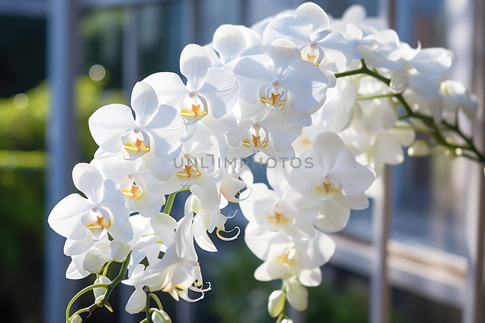 White Phalaenopsis orchid bellflowers photograph. Generative AI.