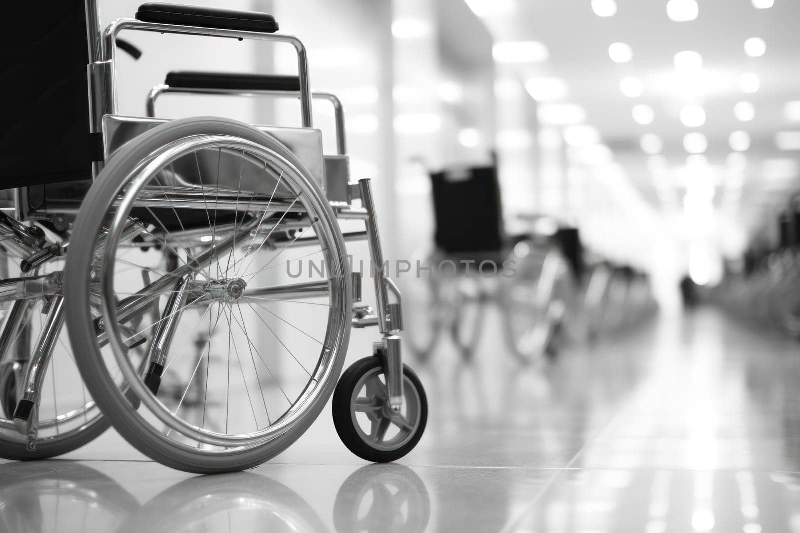 Wheelchairs waiting for patient services. with light copy space on left area. Generative AI.