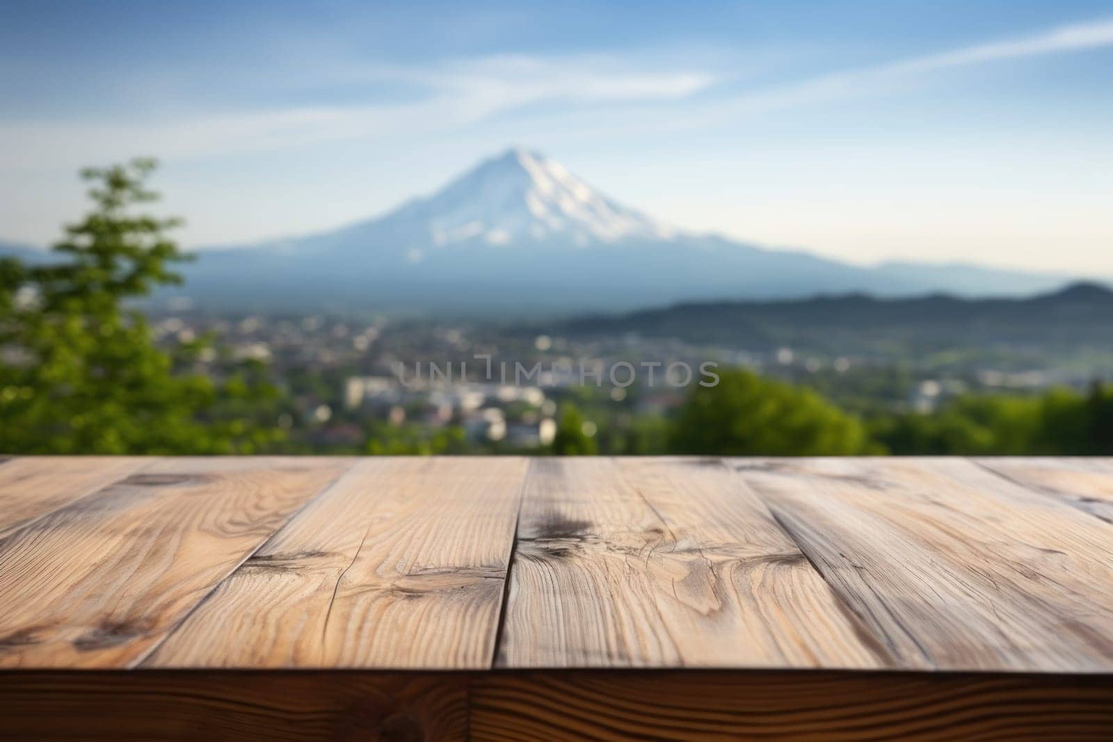 Empty table surface blurred Landmarks around the world in the background. Generative AI.