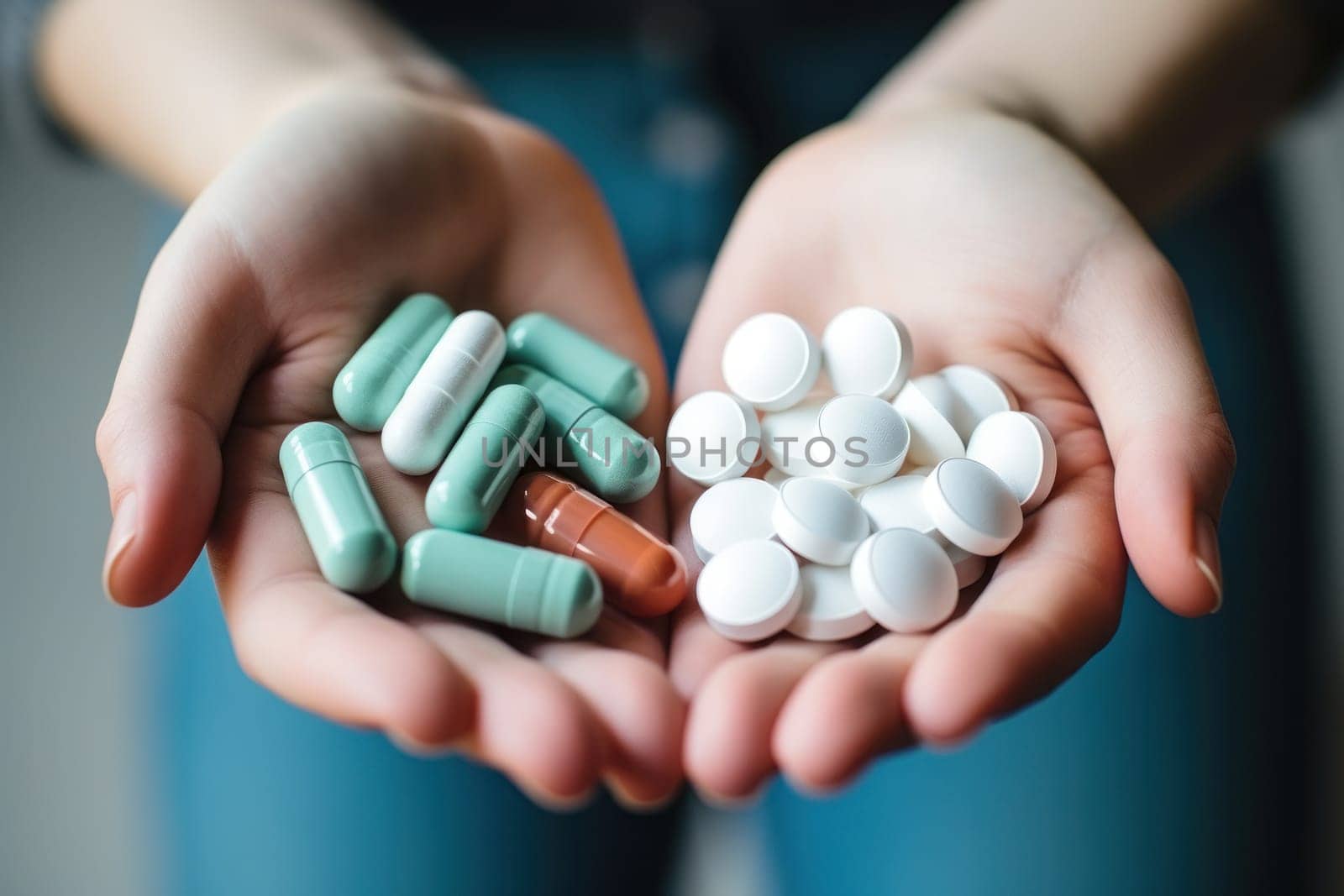Hands holding white pills dark beige and aquamarine. Generative AI.