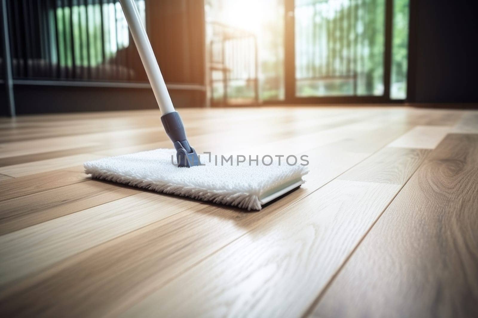 Floor cleaning with mob and cleanser foam. Cleaning tools on parquet floor. Generative AI.