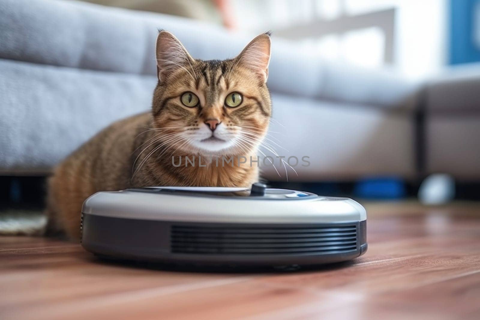 Cat sits on top of a robot vacuum cleaner, cleaning up scraps on the living room floor. Generative AI.