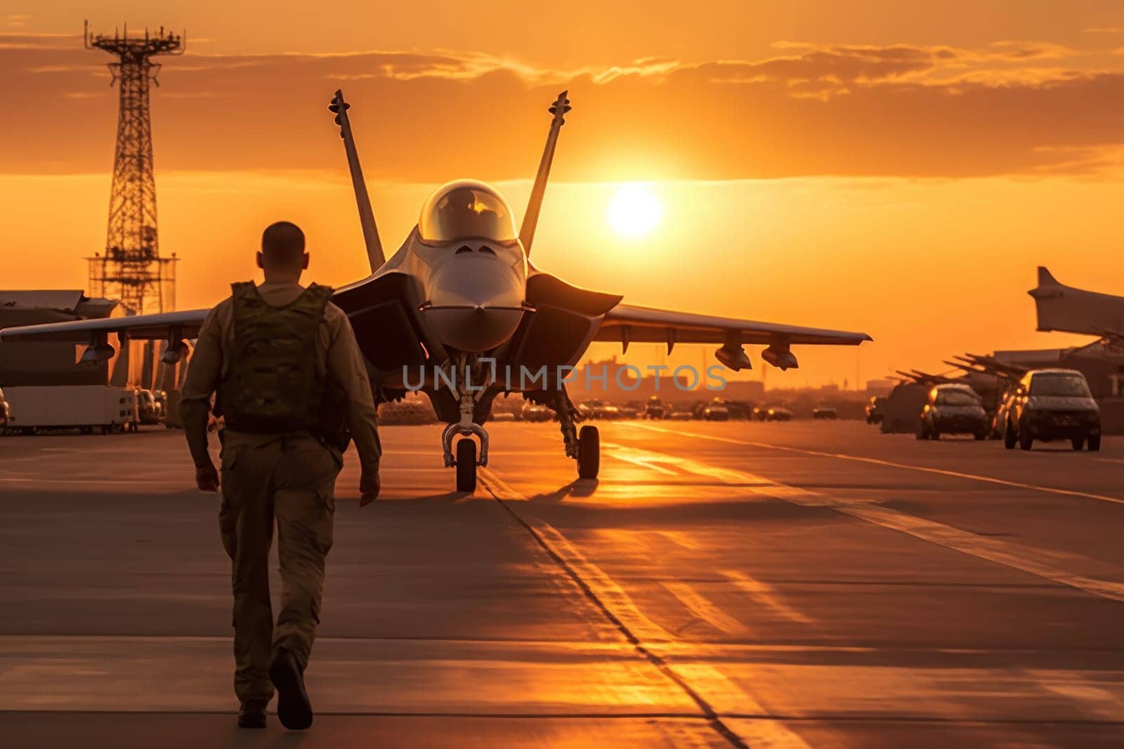 Pilot walking along the runway lighting in the background of a fighter Generative AI.