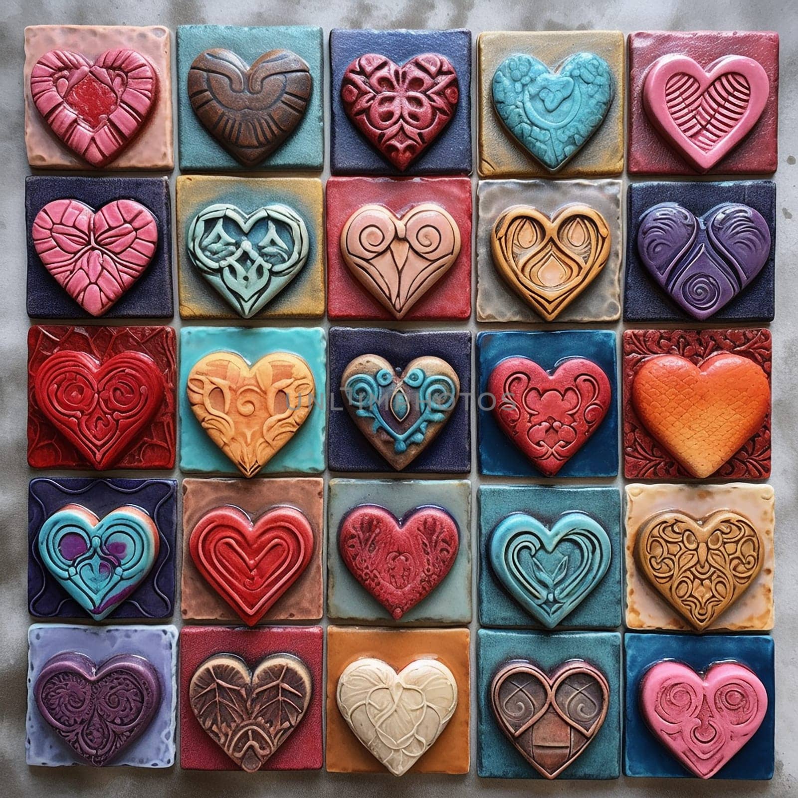 Variety of heart-shaped, colorful ceramic tiles.